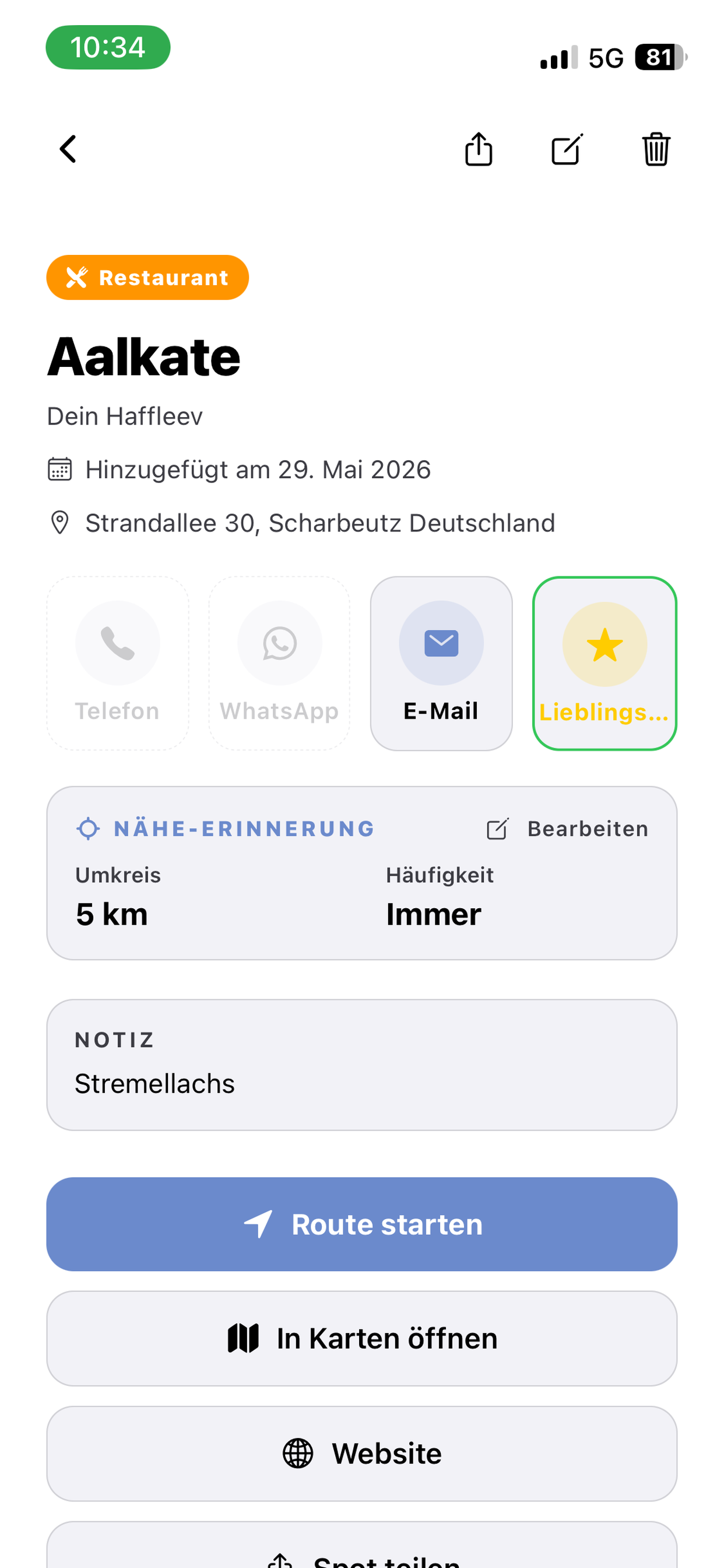 Detailansicht eines Spots mit allen Infos