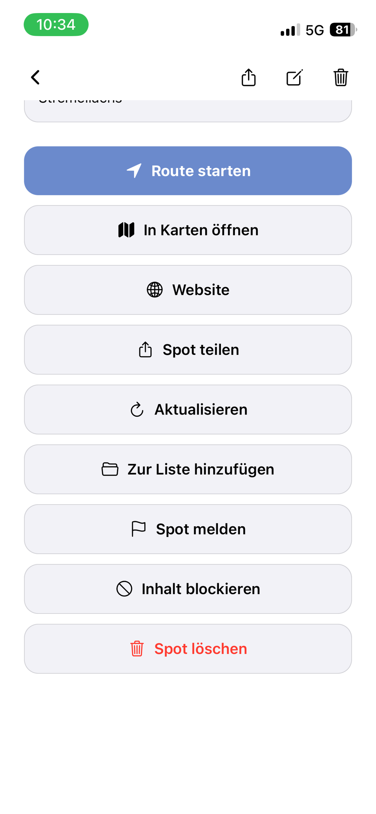 Spot-Detail mit Karte und Aktionen